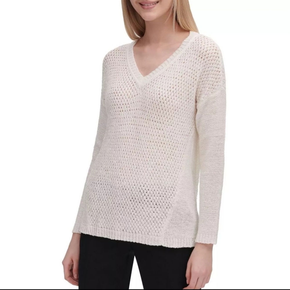 CALVIN KLEIN Like New Women's Open Stitch Long Sleeve V-Neck Sweater Top. Size M